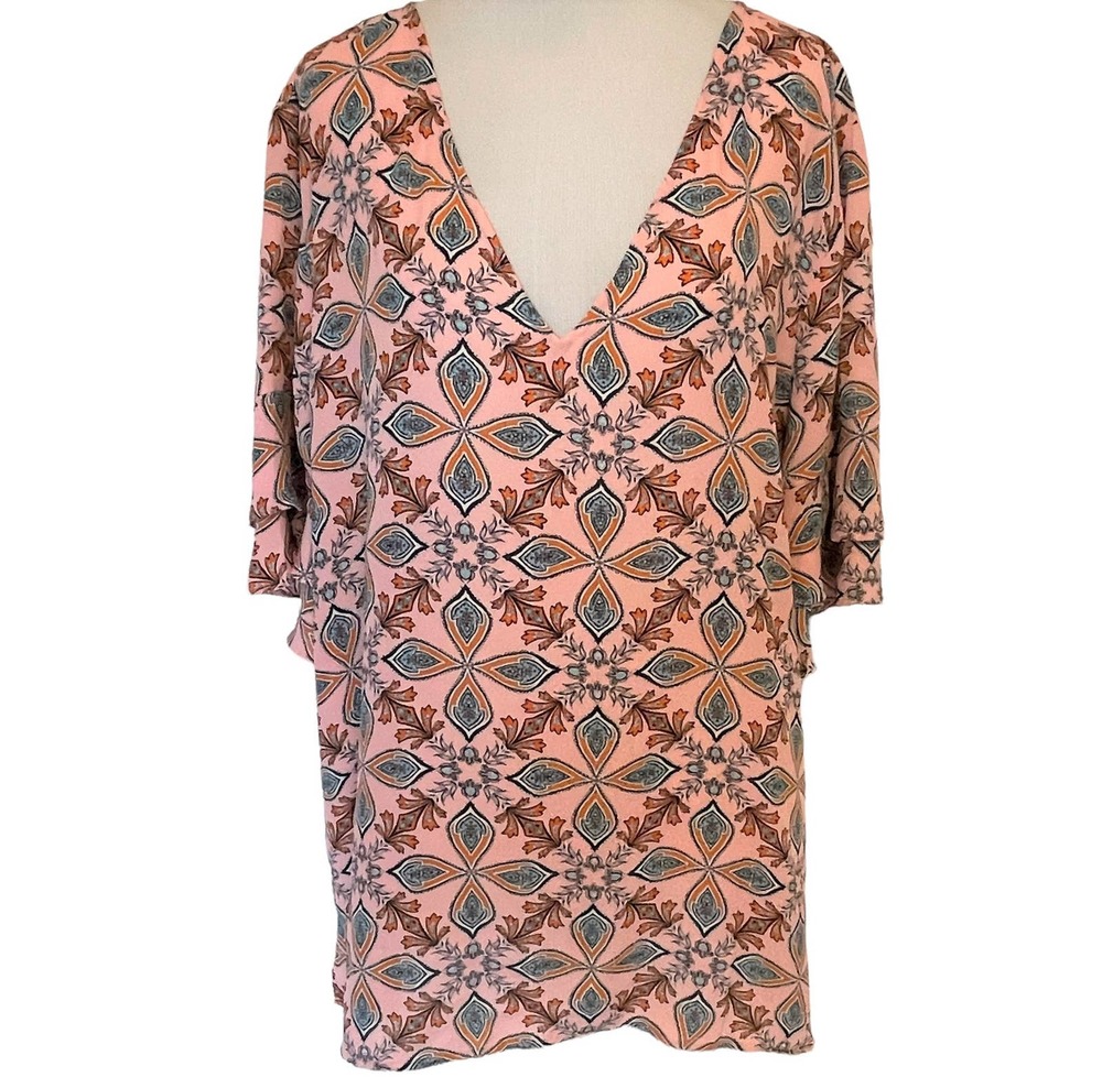 LOFT Women's XXL Paisley Top ~ Pink & Teal Short Tiered Sleeves V-Neck Pullover
